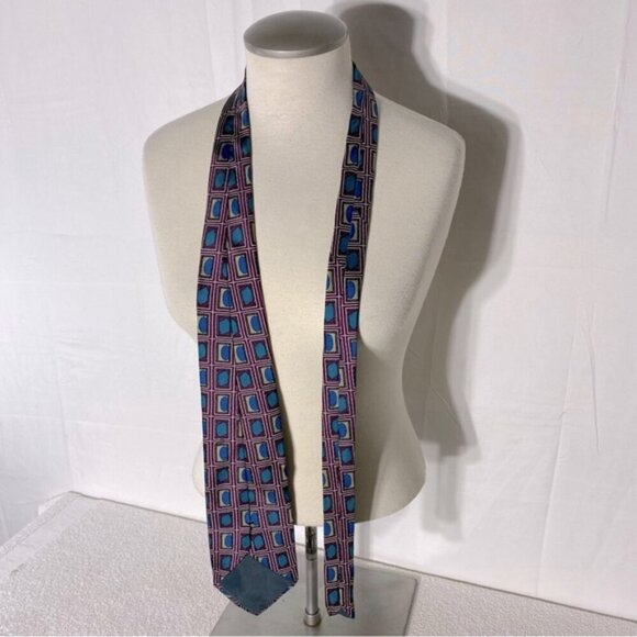 Vintage Burgundy Blue Square Print Tie - Picture 2 of 8